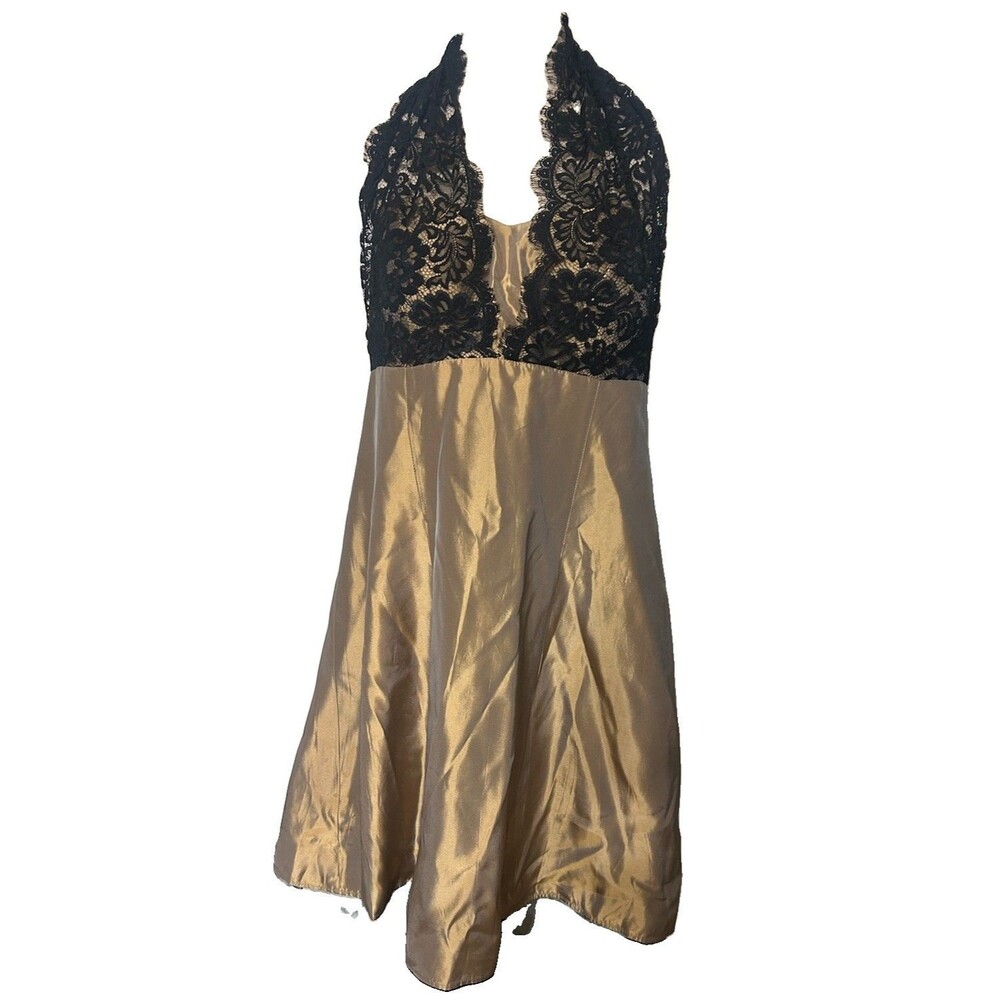 ONYX Nite Womens 16W Satin Gold  Black Lace Halter Party Formal Dress USA Flaw